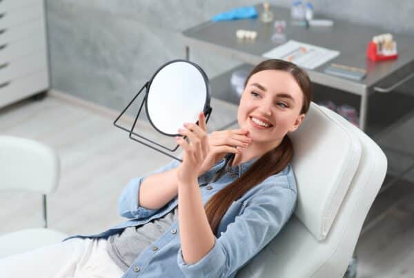 Woman smiling, holding mirror in dental office after orthodontics treatment.