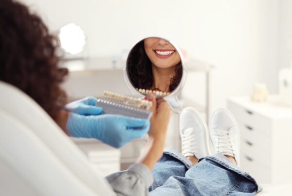 Dentist showing smile in mirror with shade guide.